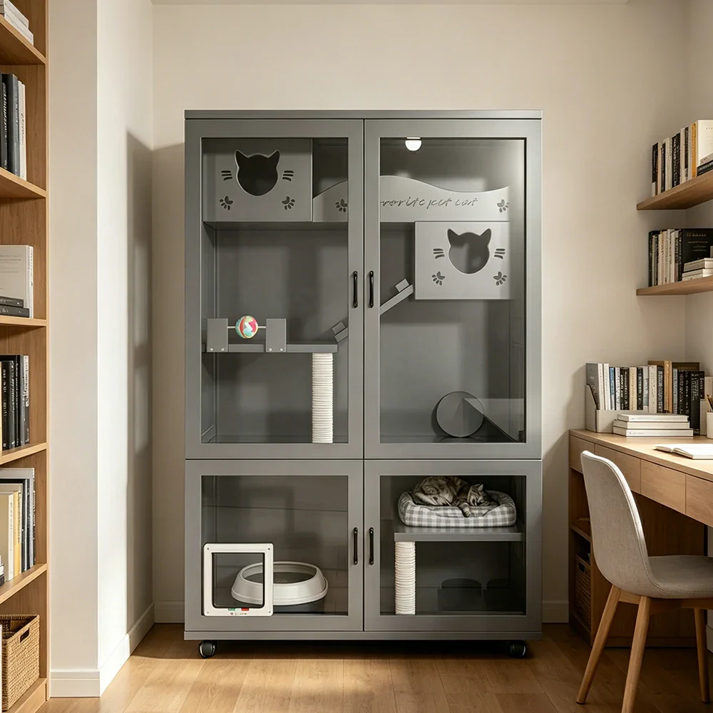 PAWORA Multi-Level Cat Cabinet with Ventilated Transparent Doors 120x60x180cm For Living Room Balcony Pet Room - Grey - Image 4