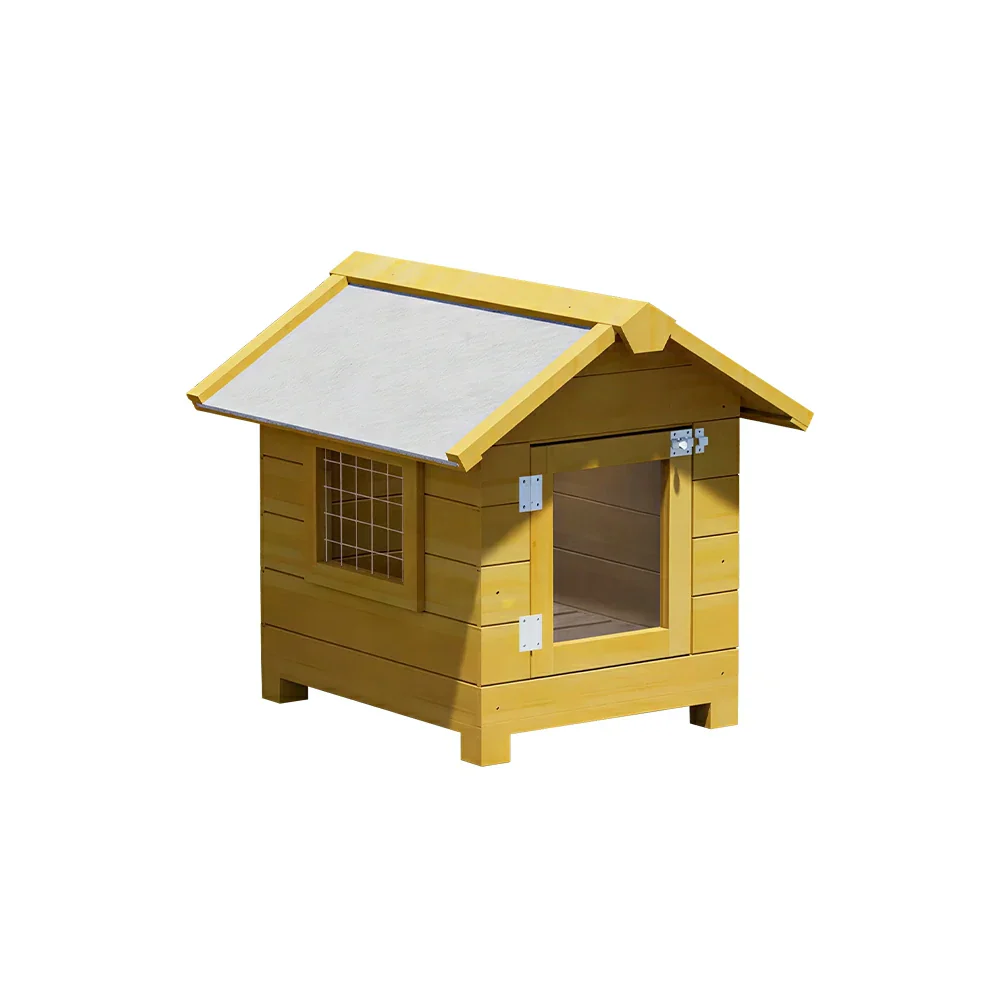 PAWORA Outdoor Wooden Pet House Solid Wood Waterproof Roof Elevated Base for Small Dogs Cats Garden Balcony - Yellow