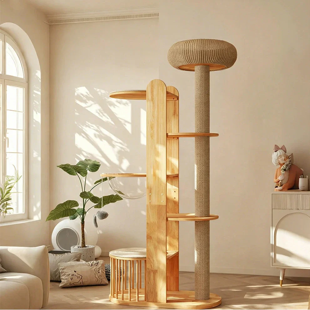 PAWORA Indoor Cat Tree - Solid Wood Multi-Level Scratching Tower with Capsule Cat House - Natural Wood - Image 2
