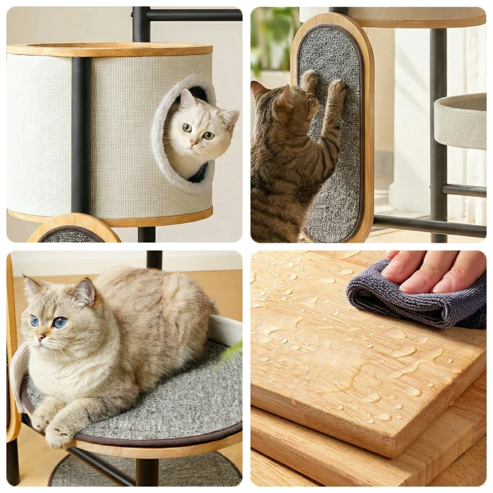 PAWORA Indoor Cat Tree - 167cm Solid Wood Multi-Level Tower with Cat Condo & Scratching Board - Natural Wood - Image 3