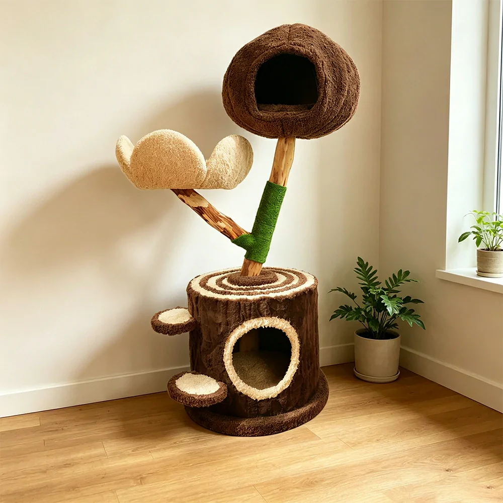 PAWORA Cloud Treehouse Cat Tree - 115cm Natural Eco-Friendly Odour-Free Cat Condo Tower - Brown Green - Image 6