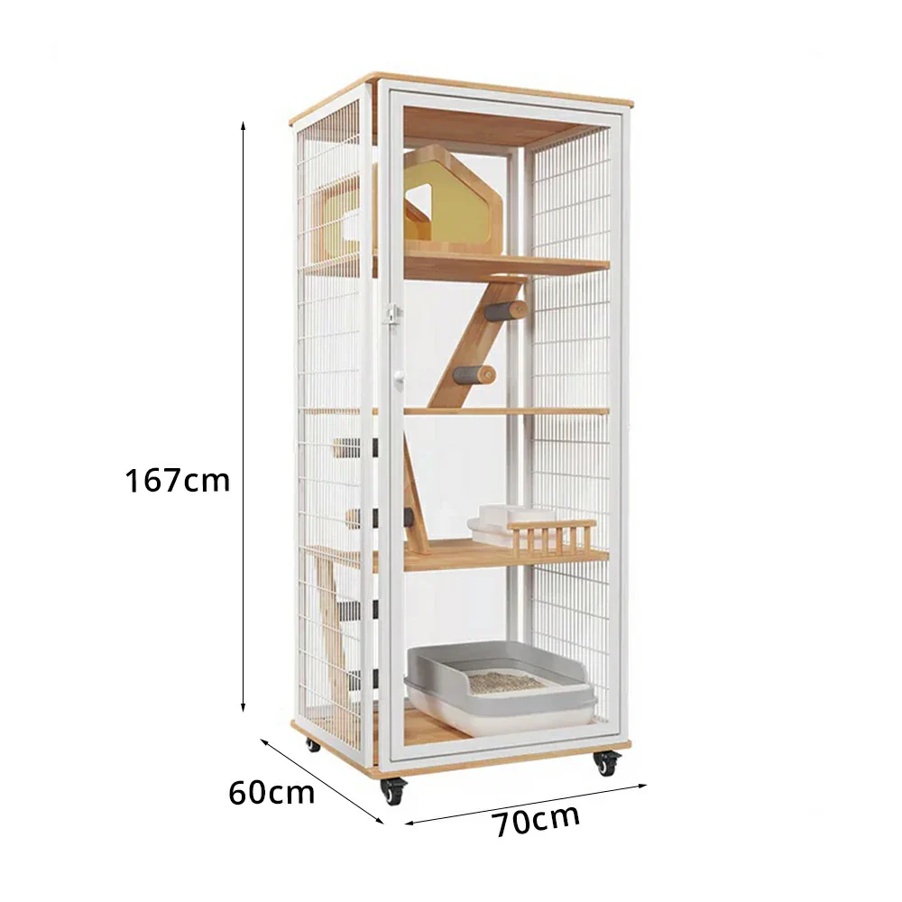 PAWORA Large Cat Villa - 167cm Multi-Level Indoor Cat Cabinet with Toilet Area & Lockable Wheels - White - Image 7