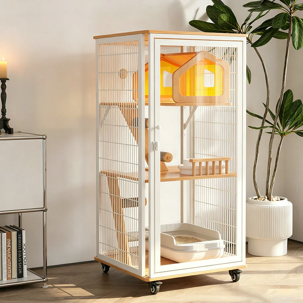 PAWORA Medium Cat Villa - 127cm Multi-Level Indoor Cat Cabinet with Toilet Area & Lockable Wheels - White - Image 2