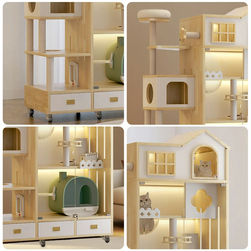 PAWORA Luxury Indoor Wooden Cat House – Eco-Friendly Board, Multi-Level Climbing & Ventilated Design, Spacious Pet Villa for Multiple Cats - Natural Wood - Image 3