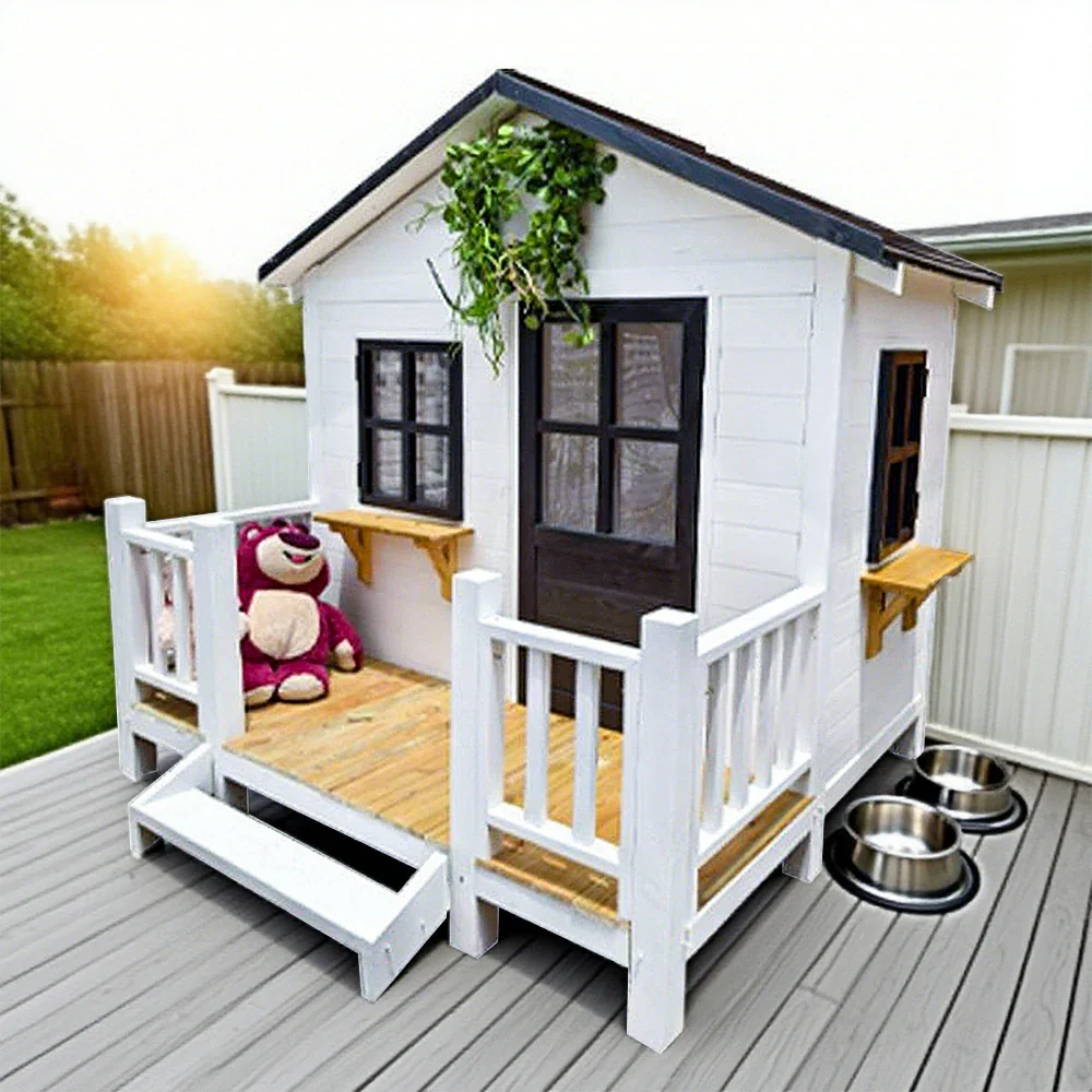PAWORA Luxury Wooden Dog Villa Pet House for Medium & Large Dogs - Durable Pine Structure, Spacious Outdoor Design - White - Image 12