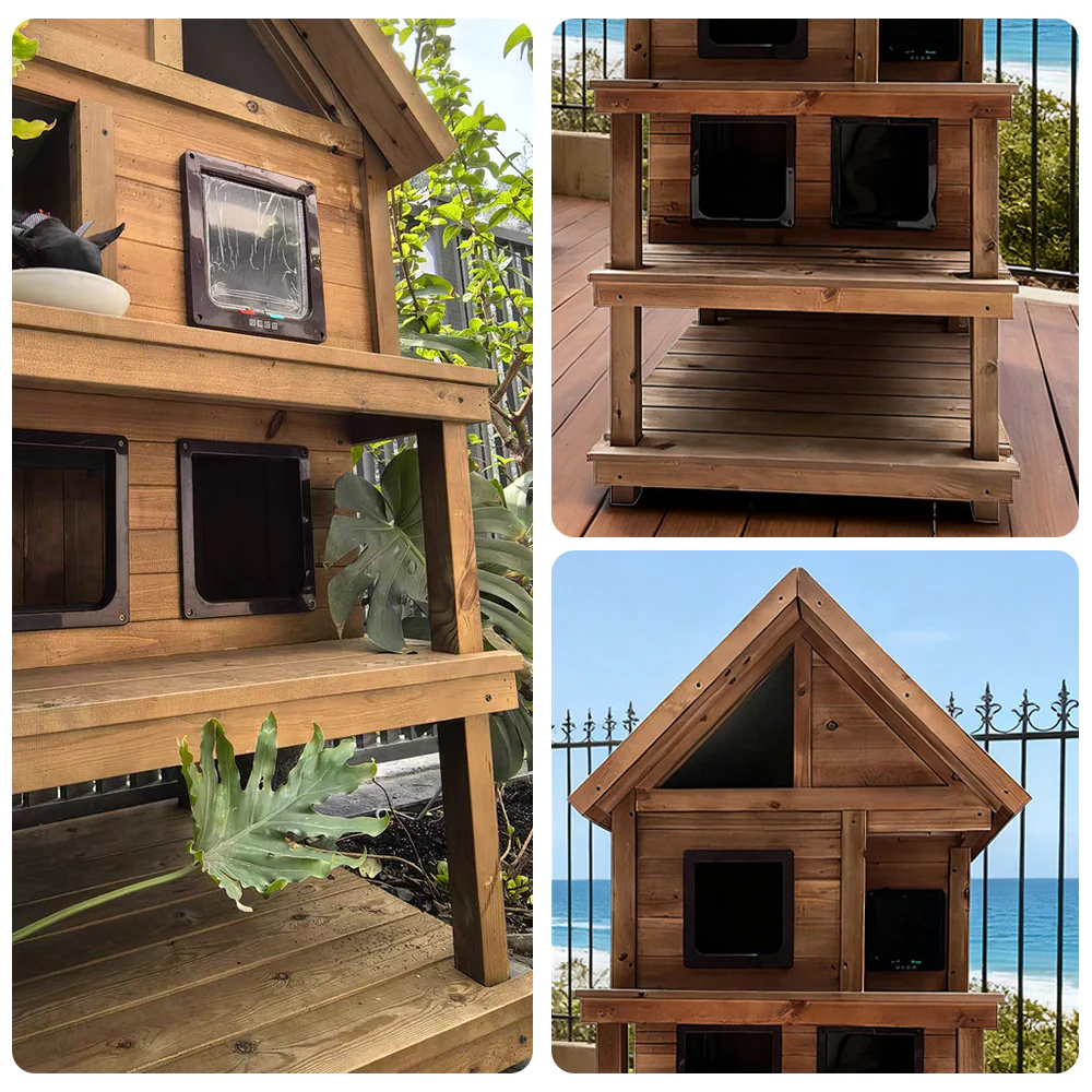 PAWORA Outdoor Cat House 130/160cm - Fir Wood, Scratch-Resistant, Moisture-Proof, Ventilated with Waterproof Roof, All-Weather Shelter - Wood - Image 8