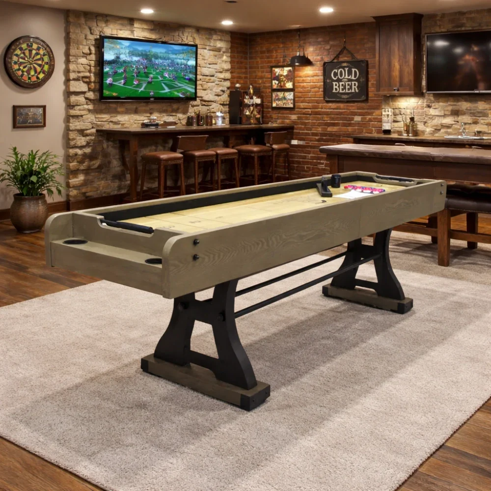 SHUFLEX 9FT Solid Wood Shuffleboard Table - Resin-Coated Hardwood Playing Surface, Smooth Stable Roll, Heavy-Duty Frame, Indoor Game Table - Walnut Brown - Image 2