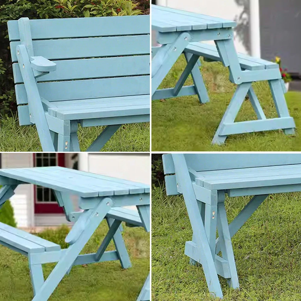 SOLARA Folding Multi-Function Table and Bench - Space-Saving Convertible 2-in-1 Outdoor Dining Set with Durable Wood Frame - Blue - Image 4