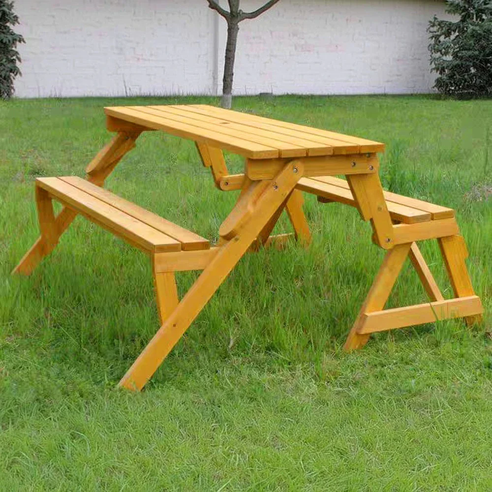 SOLARA Folding Multi-Function Table and Bench - Space-Saving Convertible 2-in-1 Outdoor Dining Set with Durable Wood Frame - Yellow - Image 4