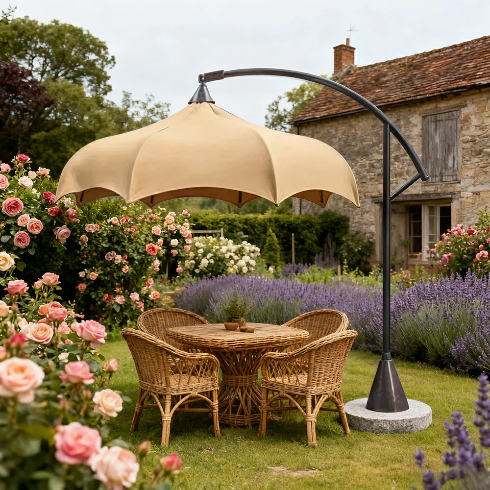SOLARA Outdoor Cantilever Umbrella - 300cm Round Arc Canopy with French Scalloped Edge, Stainless Steel Frame, Heavy Marble Base, UV Sunshade & Patio Garden Use - Khaki - Image 4