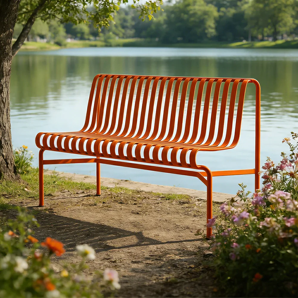 SOLARA Outdoor Metal Seating Collection - Bench, Lounger, Bar Stool & Dining Chair, Heavy-Duty Steel Frame, Weather-Resistant Finish - Orange - Image 14