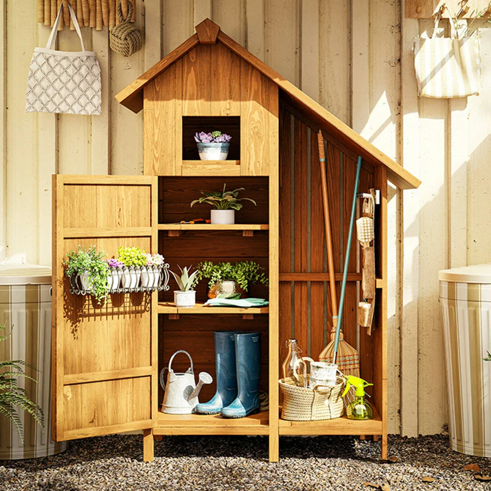 SOLARA Outdoor Tool Shed - Solid Wood Storage House with Multi-Shelf Design, Weather-Resistant Garden & Patio Organizer - Yellow - Image 2