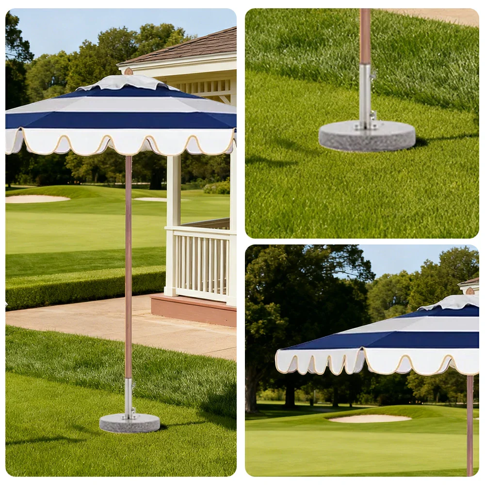 SOLARA Outdoor Patio Umbrella - 210/250cm Single-Layer Canopy with Elegant Valance, Brushed Aluminium Frame, Sunshade & Rain Protection, Water-Filled Base Included - Blue & White - Image 3