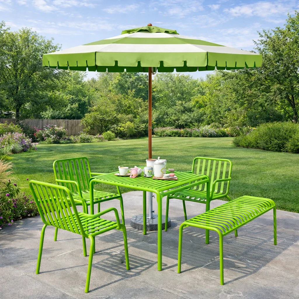 SOLARA Outdoor Patio Umbrella - 210/250cm Single-Layer Canopy with Elegant Valance, Brushed Aluminium Frame, Sunshade & Rain Protection, Water-Filled Base Included - Green & White - Image 2