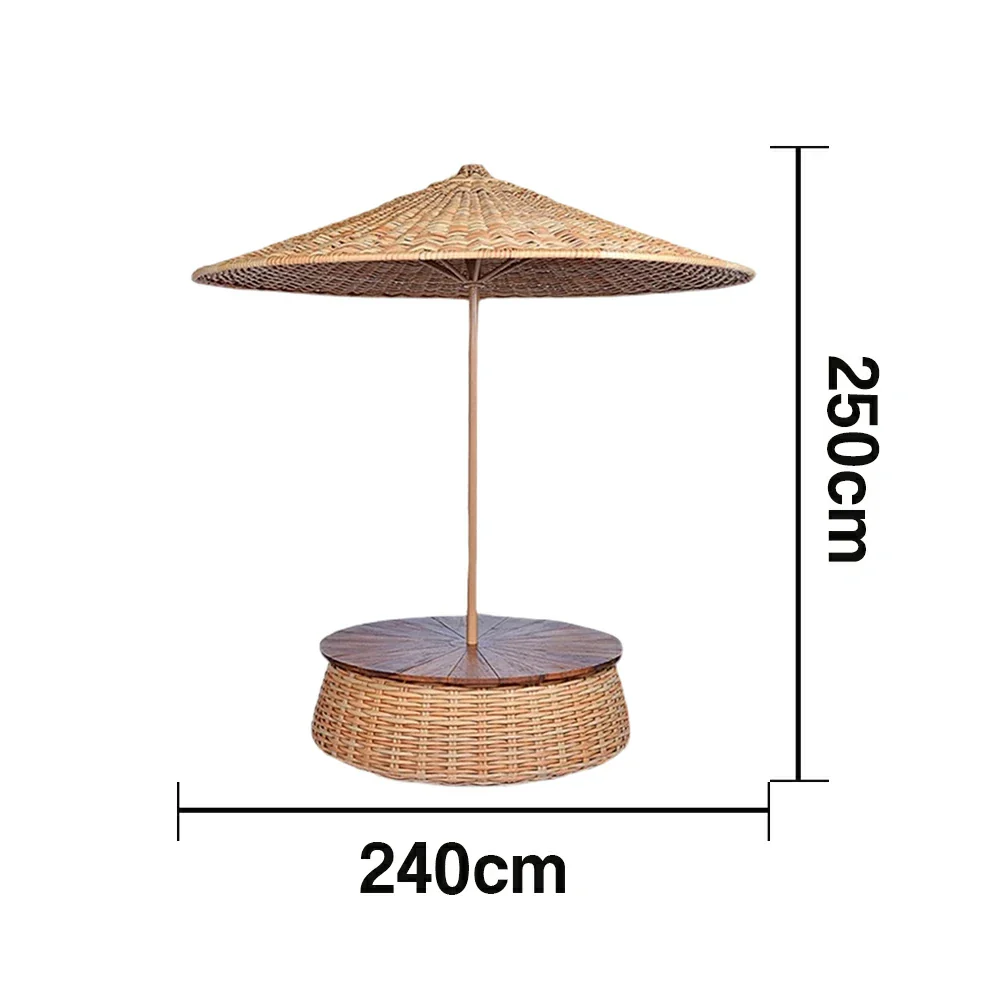 SOLARA Outdoor Wicker Patio Umbrella - 240/260cm Round Handwoven Canopy with Wind-Resistant Rattan Design, UV Sunshade & Rain Protection, Resort Poolside Garden Style - Khaki - Image 5