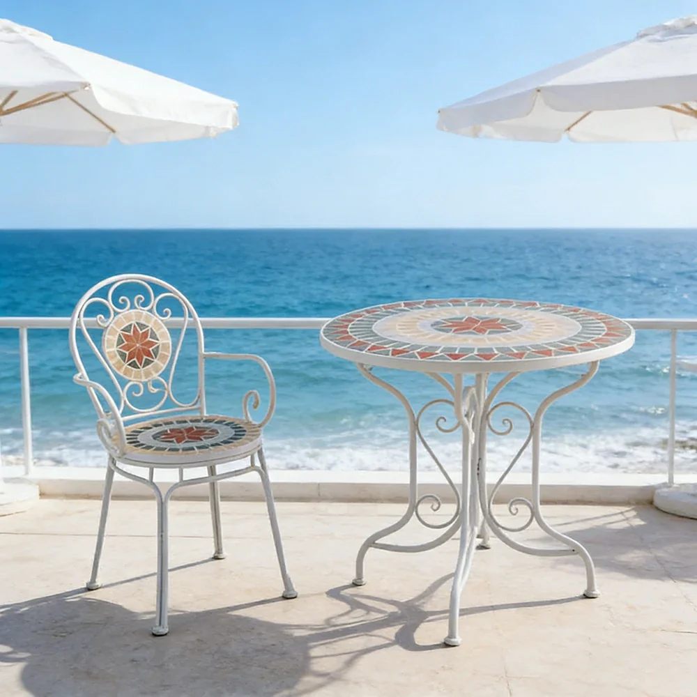 SOLARA 65/80cm Outdoor Table and 2 Chairs Set - Weather Resistant Patio Table with Mosaic Tile Top and Heavy Duty Steel Frame - White - Image 2