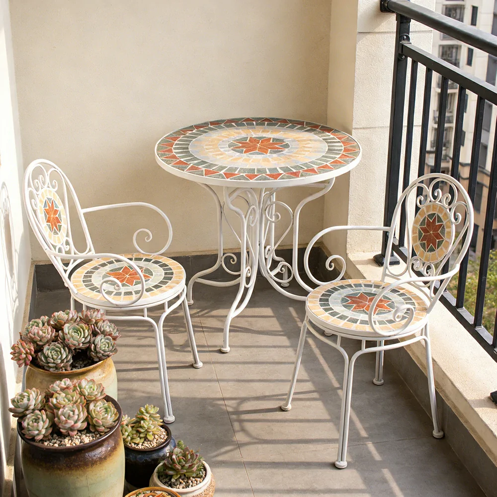 SOLARA 65/80cm Outdoor Table and 2 Chairs Set - Weather Resistant Patio Table with Mosaic Tile Top and Heavy Duty Steel Frame - White - Image 4