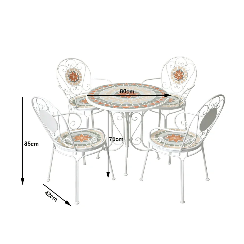 SOLARA 65/80cm Outdoor Table and 4 Chairs Set - Weather Resistant Patio Table with Mosaic Tile Top and Heavy Duty Steel Frame - White - Image 6