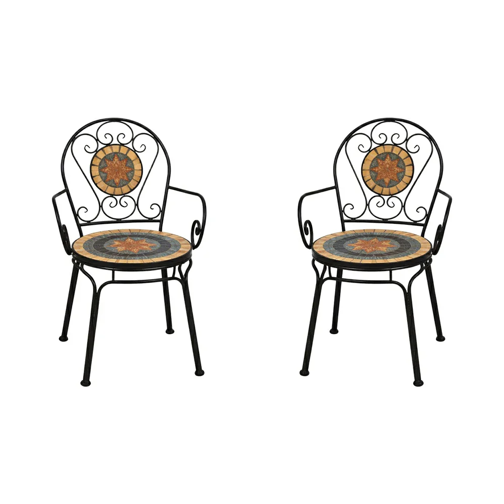 SOLARA Outdoor Armchairs Set of 2 - Weather Resistant Patio Armchairs with Decorative Tile Seat and Heavy Duty Steel Frame - Black