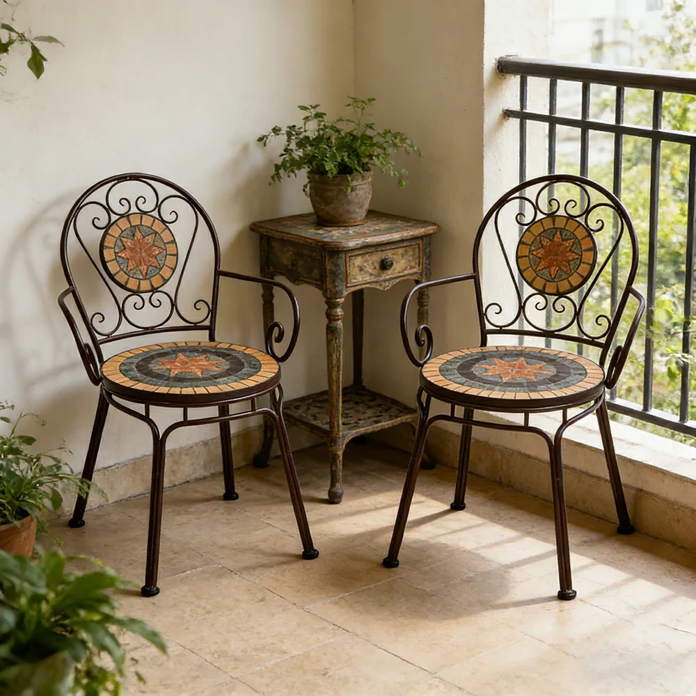 SOLARA Outdoor Armchairs Set of 2 - Weather Resistant Patio Armchairs with Decorative Tile Seat and Heavy Duty Steel Frame - Brown - Image 2