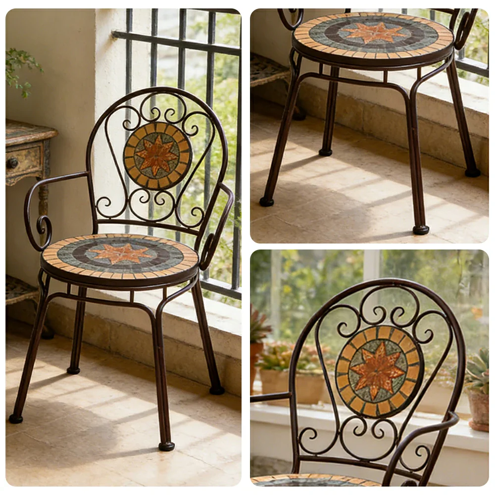 SOLARA Outdoor Armchairs Set of 2 - Weather Resistant Patio Armchairs with Decorative Tile Seat and Heavy Duty Steel Frame - Brown - Image 3