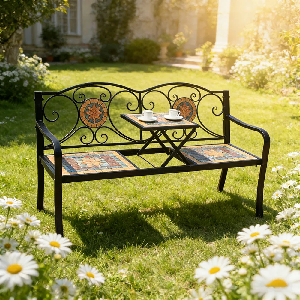 SOLARA Outdoor Garden Bench with Lift Up Table - Convertible Patio Bench with Metal Frame and Vintage Design - Image 2