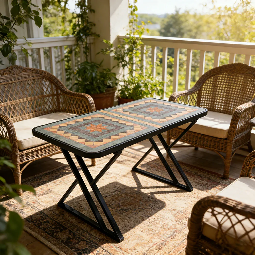 SOLARA 120/150cm Outdoor Patio Table - Weather Resistant Garden Table with Ceramic Tile Top and Stainless Steel Frame - Black&Yellow - Image 4