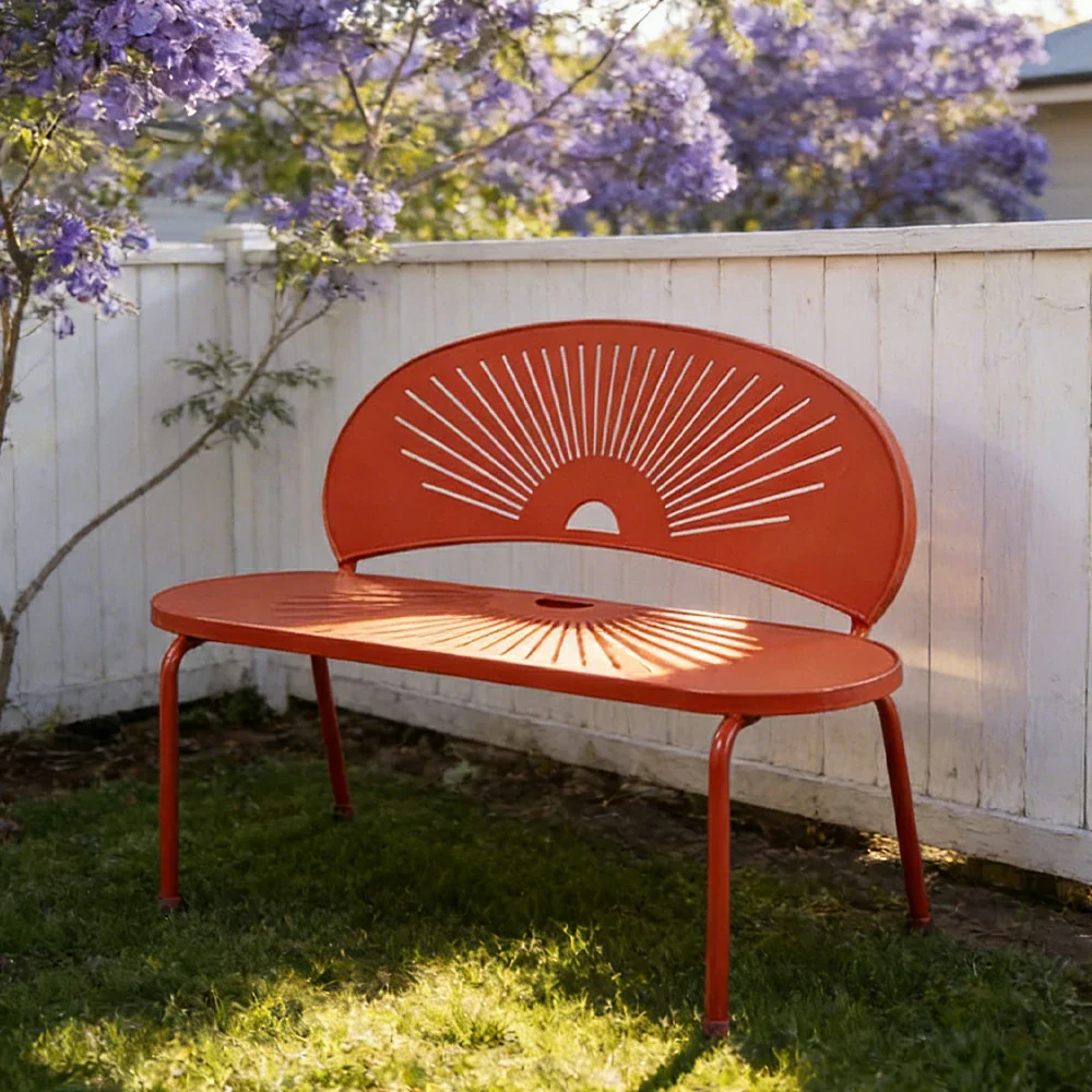 SOLARA Outdoor Bench - Ergonomic Curved Shell Backrest, Breathable Hollow Design, Durable Aluminium Frame, Weather-Resistant Patio Seating - Orange - Image 2