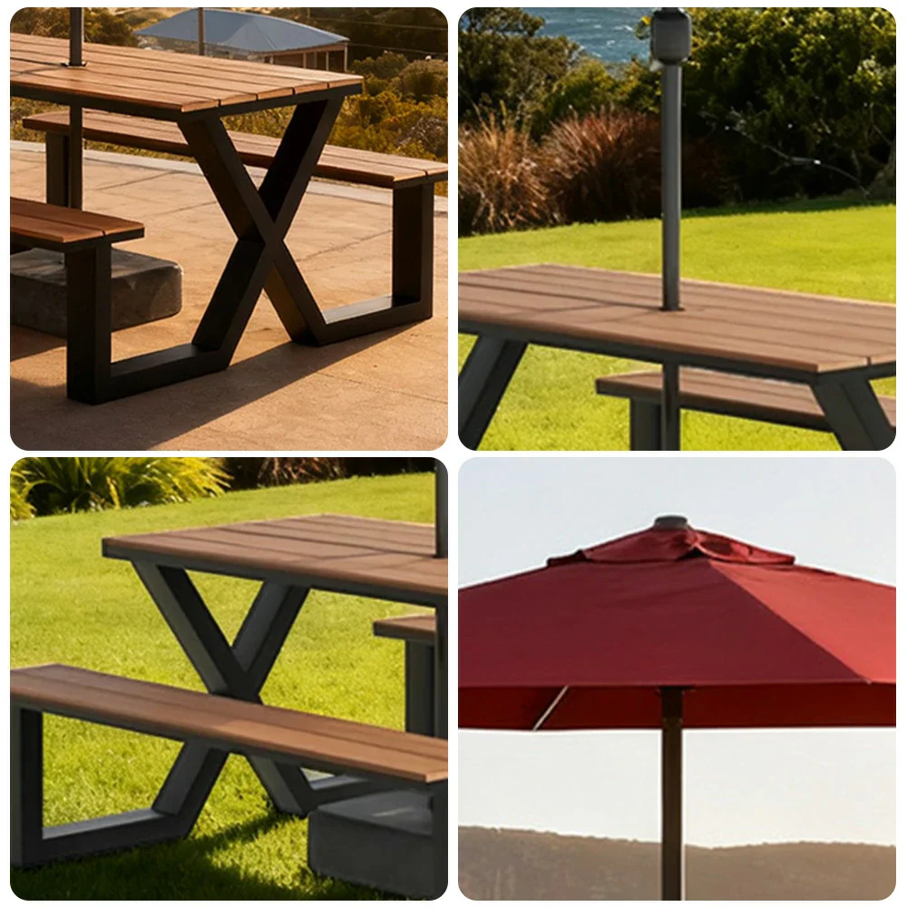 SOLARA Outdoor Table, Chair & Umbrella Set 120/160/200cm Waterproof Sun-Resistant Plastic-Wood Surface Carbon Steel Frame Stable Anti-Corrosion Design - Black - Image 8