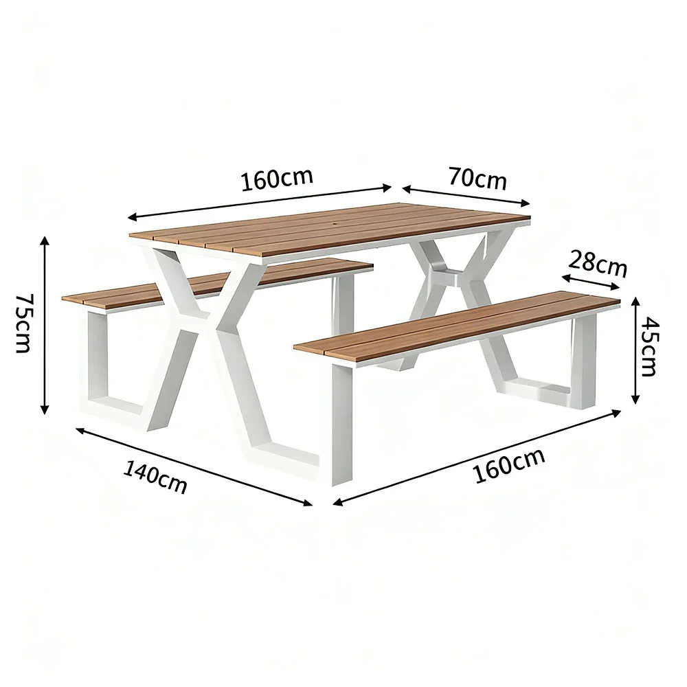 SOLARA Outdoor Table & Chair Set 120/160/200cm Eco-Friendly Waterproof Sunproof Plastic-Wood Surface Durable Anti-Oxidation Steel Frame - White - Image 10