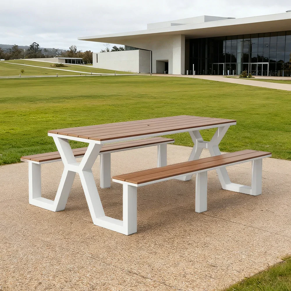 SOLARA Outdoor Table & Chair Set 120/160/200cm Eco-Friendly Waterproof Sunproof Plastic-Wood Surface Durable Anti-Oxidation Steel Frame - White - Image 14