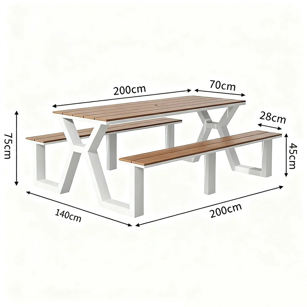 SOLARA Outdoor Table & Chair Set 120/160/200cm Eco-Friendly Waterproof Sunproof Plastic-Wood Surface Durable Anti-Oxidation Steel Frame - White - Image 15