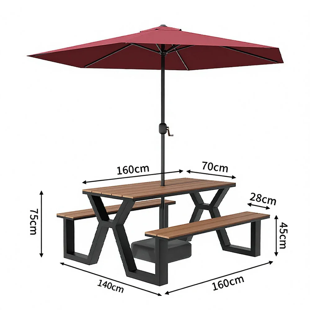 SOLARA Outdoor Table, Chair & Umbrella Set 120/160/200cm Eco-Friendly Waterproof Sunproof Plastic-Wood Surface Durable Anti-Oxidation Steel Frame - Black - Image 10