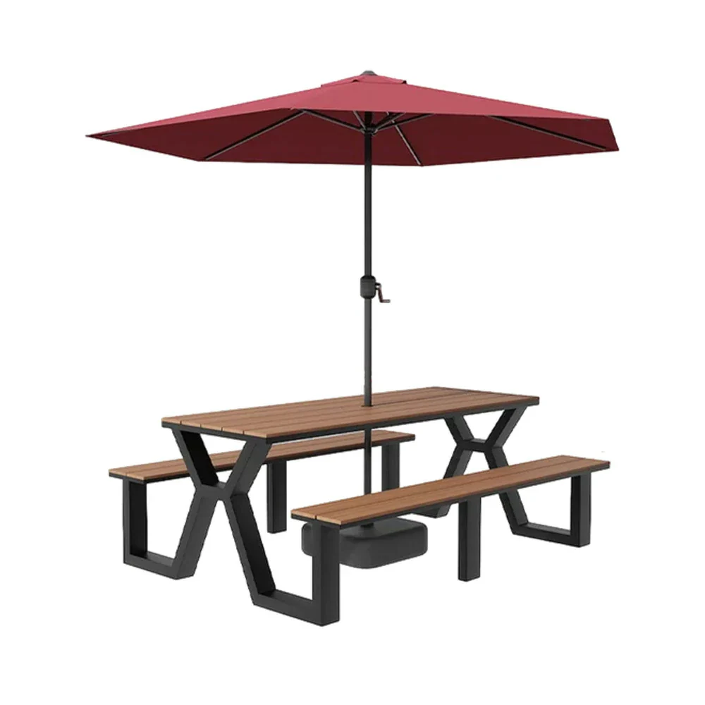 SOLARA Outdoor Table, Chair & Umbrella Set 120/160/200cm Eco-Friendly Waterproof Sunproof Plastic-Wood Surface Durable Anti-Oxidation Steel Frame - Black - Image 11