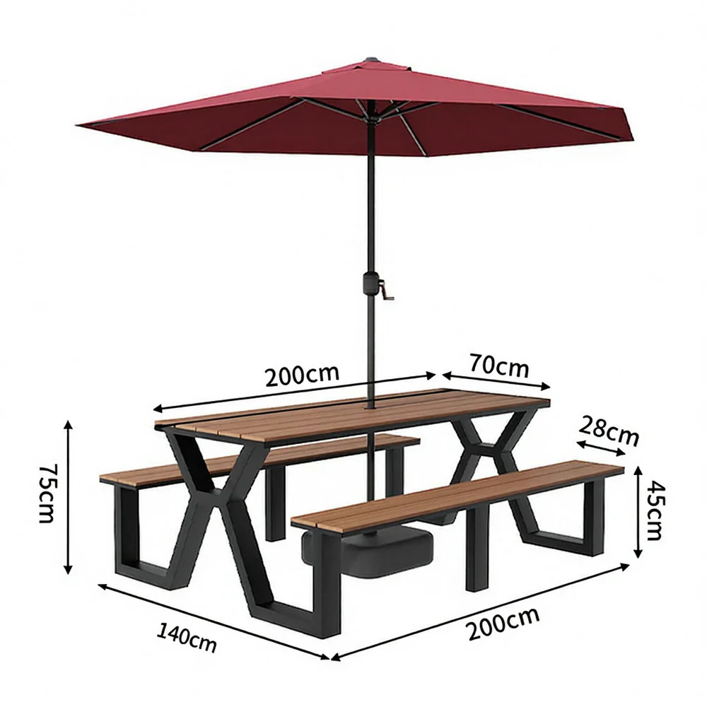 SOLARA Outdoor Table, Chair & Umbrella Set 120/160/200cm Eco-Friendly Waterproof Sunproof Plastic-Wood Surface Durable Anti-Oxidation Steel Frame - Black - Image 15