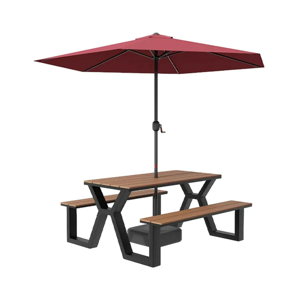 SOLARA Outdoor Table, Chair & Umbrella Set 120/160/200cm Eco-Friendly Waterproof Sunproof Plastic-Wood Surface Durable Anti-Oxidation Steel Frame - Black - Image 6