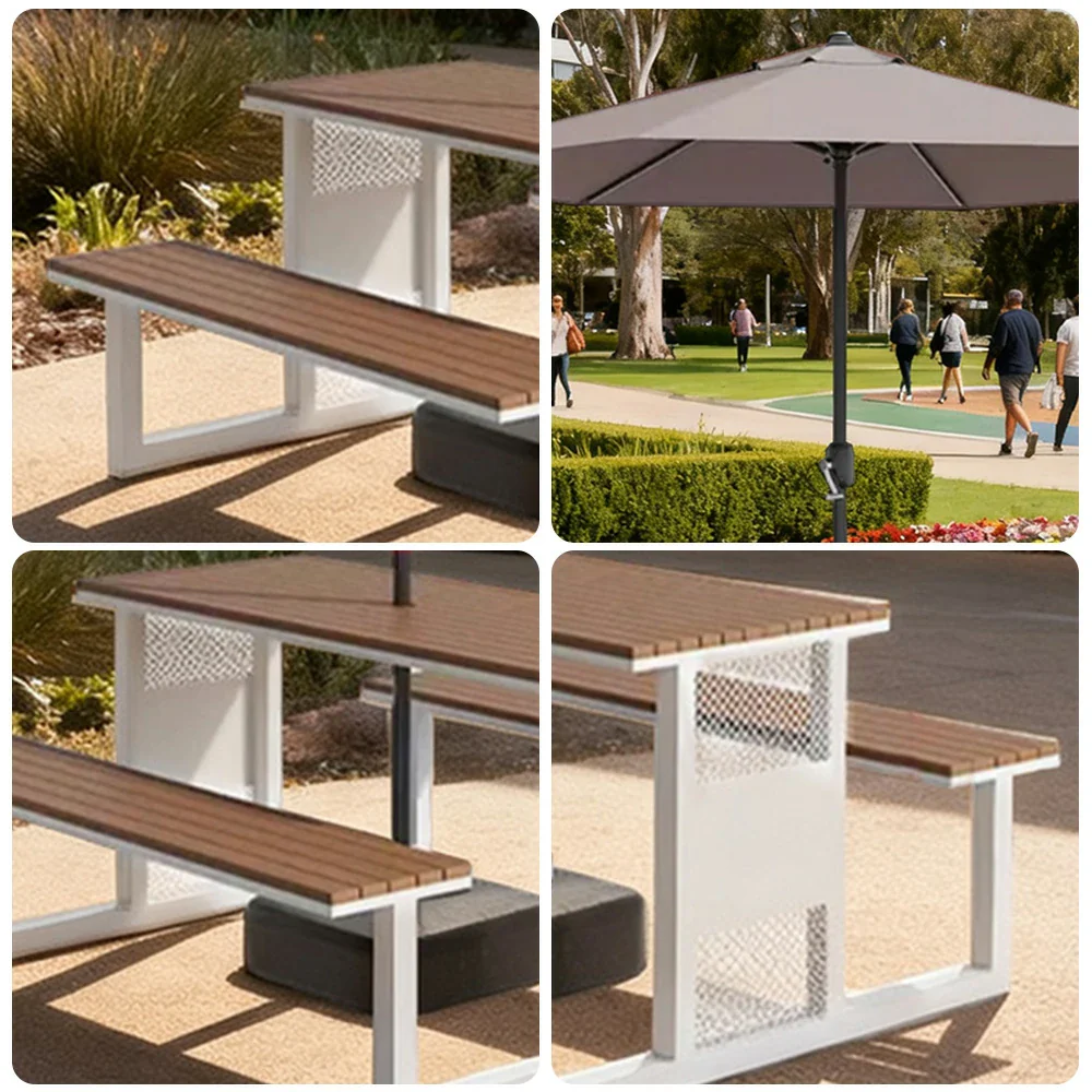 SOLARA Outdoor Table, Chair & Umbrella Set 120/160/200cm High-Temp Coated Steel Frame Strong Load-Bearing Waterproof Plastic-Wood Smooth Finish - White - Image 8