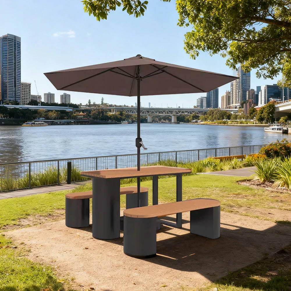 SOLARA Outdoor Table, Chair & Umbrella Set 120/140/160cm Anti-Corrosion Durable Steel Support Thick Plastic-Wood Surface Waterproof Sun-Resistant Design - Black - Image 4