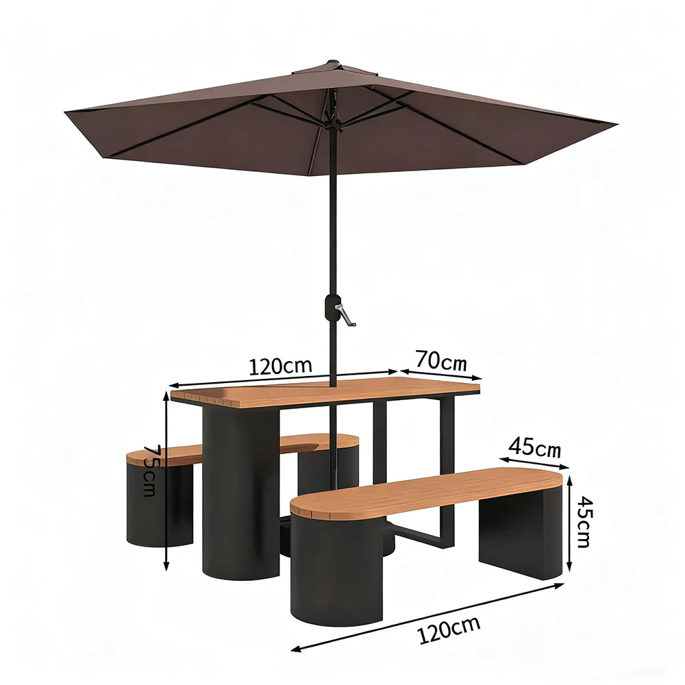 SOLARA Outdoor Table, Chair & Umbrella Set 120/140/160cm Anti-Corrosion Durable Steel Support Thick Plastic-Wood Surface Waterproof Sun-Resistant Design - Black - Image 5