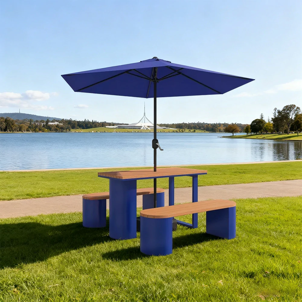 SOLARA Outdoor Table, Chair & Umbrella Set 120/140/160cm Anti-Corrosion Durable Steel Support Thick Plastic-Wood Surface Waterproof Sun-Resistant Design - Blue - Image 4