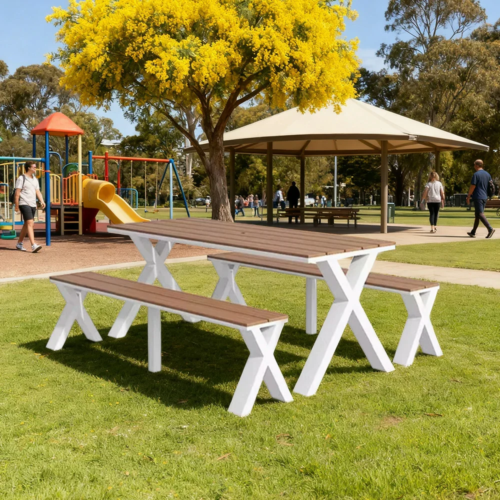 SOLARA Outdoor Table & Chair Set 120/160/200cm Sunproof Waterproof Surface High-Temp Coated Steel Frame Strong Support Anti-Corrosion Design - White - Image 12