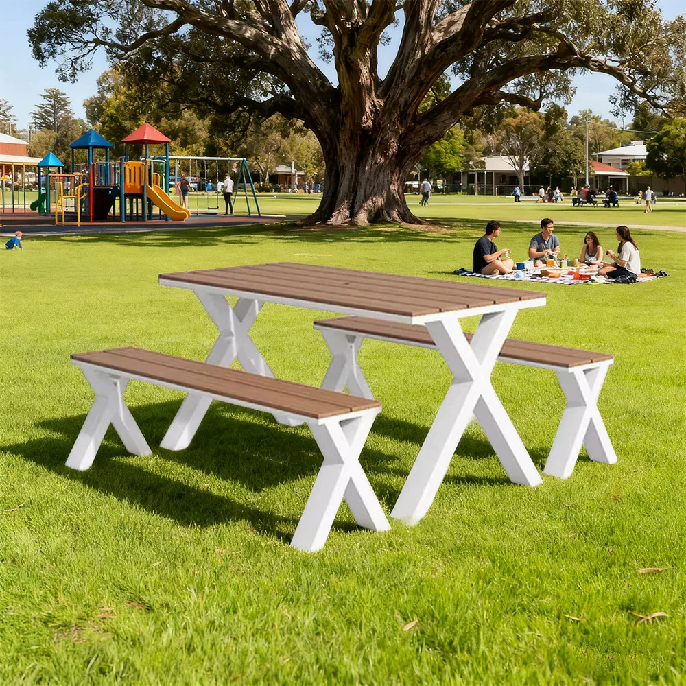 SOLARA Outdoor Table & Chair Set 120/160/200cm Sunproof Waterproof Surface High-Temp Coated Steel Frame Strong Support Anti-Corrosion Design - White - Image 2