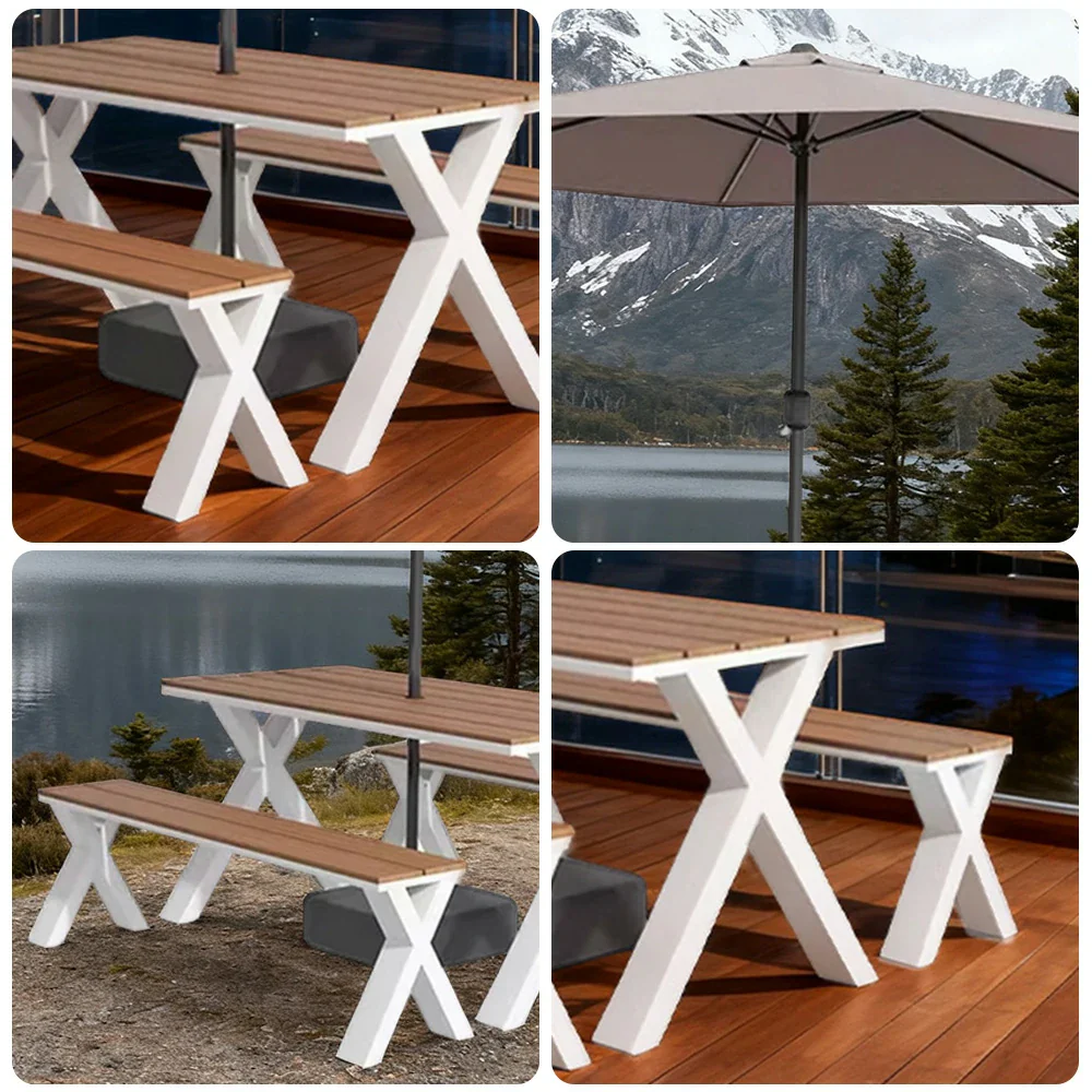 SOLARA Outdoor Table, Chair & Umbrella Set 120/160/200cm Sunproof Waterproof Surface High-Temp Coated Steel Frame Strong Support Anti-Corrosion Design - White - Image 3