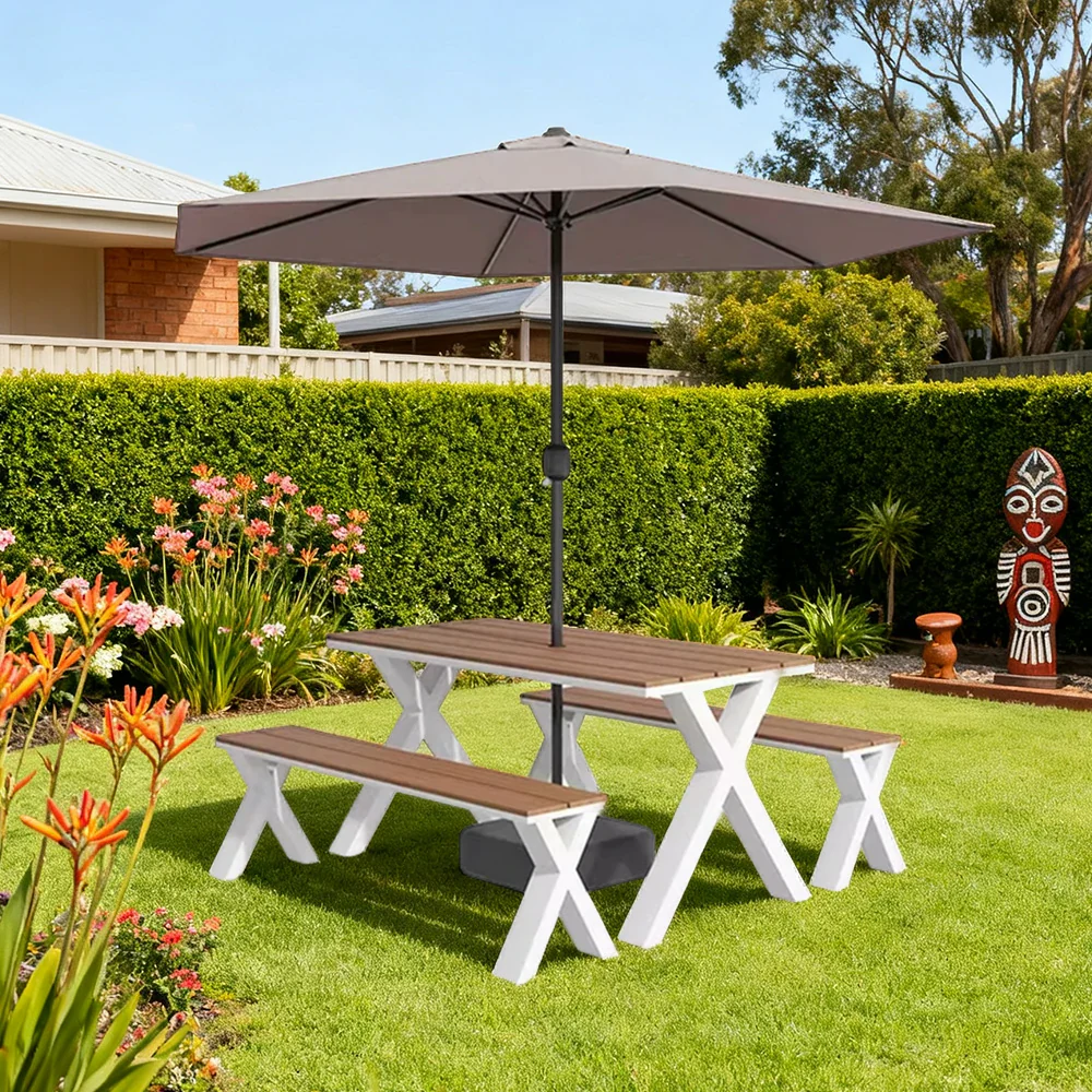 SOLARA Outdoor Table, Chair & Umbrella Set 120/160/200cm Sunproof Waterproof Surface High-Temp Coated Steel Frame Strong Support Anti-Corrosion Design - White - Image 9