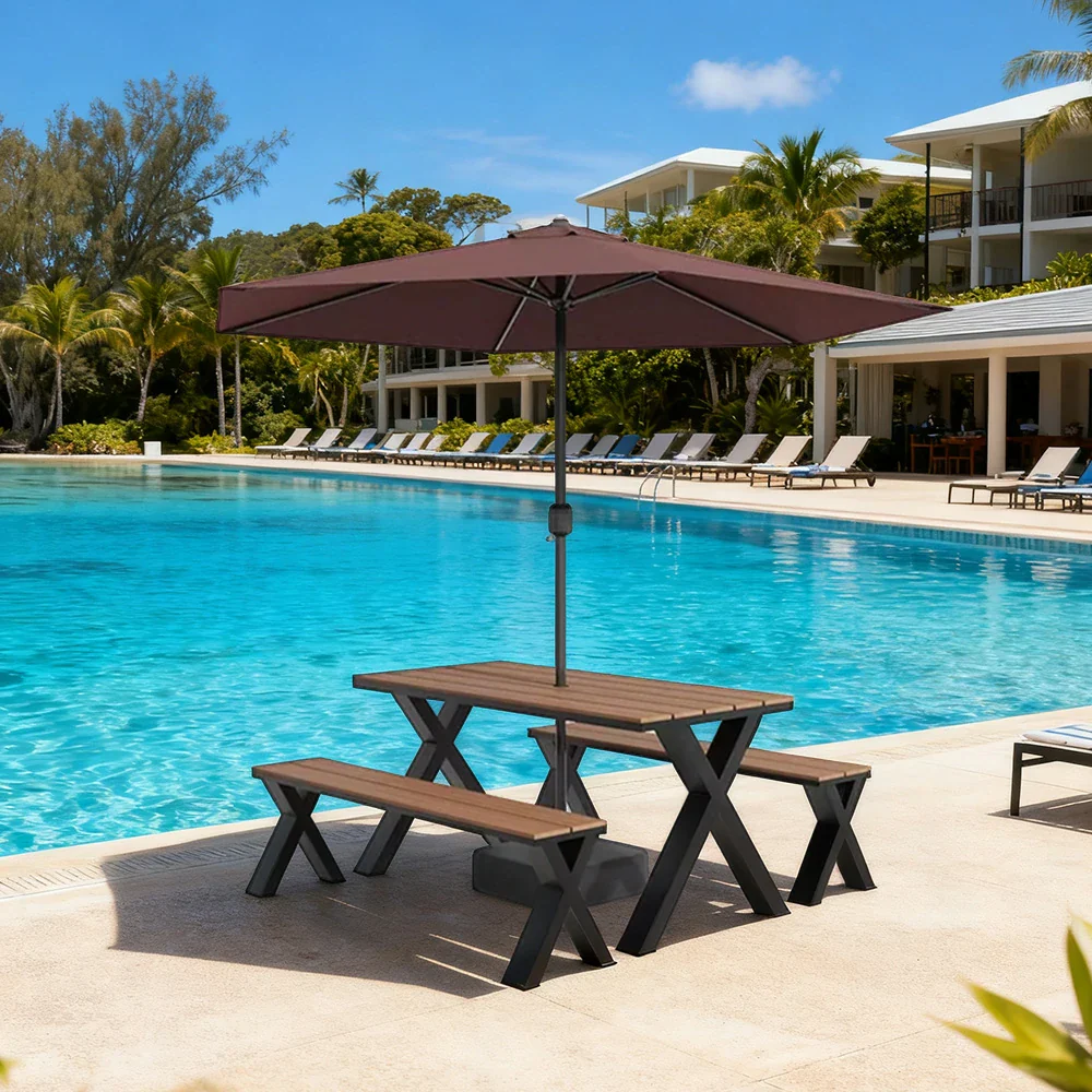 SOLARA Outdoor Table, Chair & Umbrella Set 120/160/200cm Sunproof Waterproof Surface High-Temp Coated Steel Frame Strong Support Anti-Corrosion Design - Black - Image 4