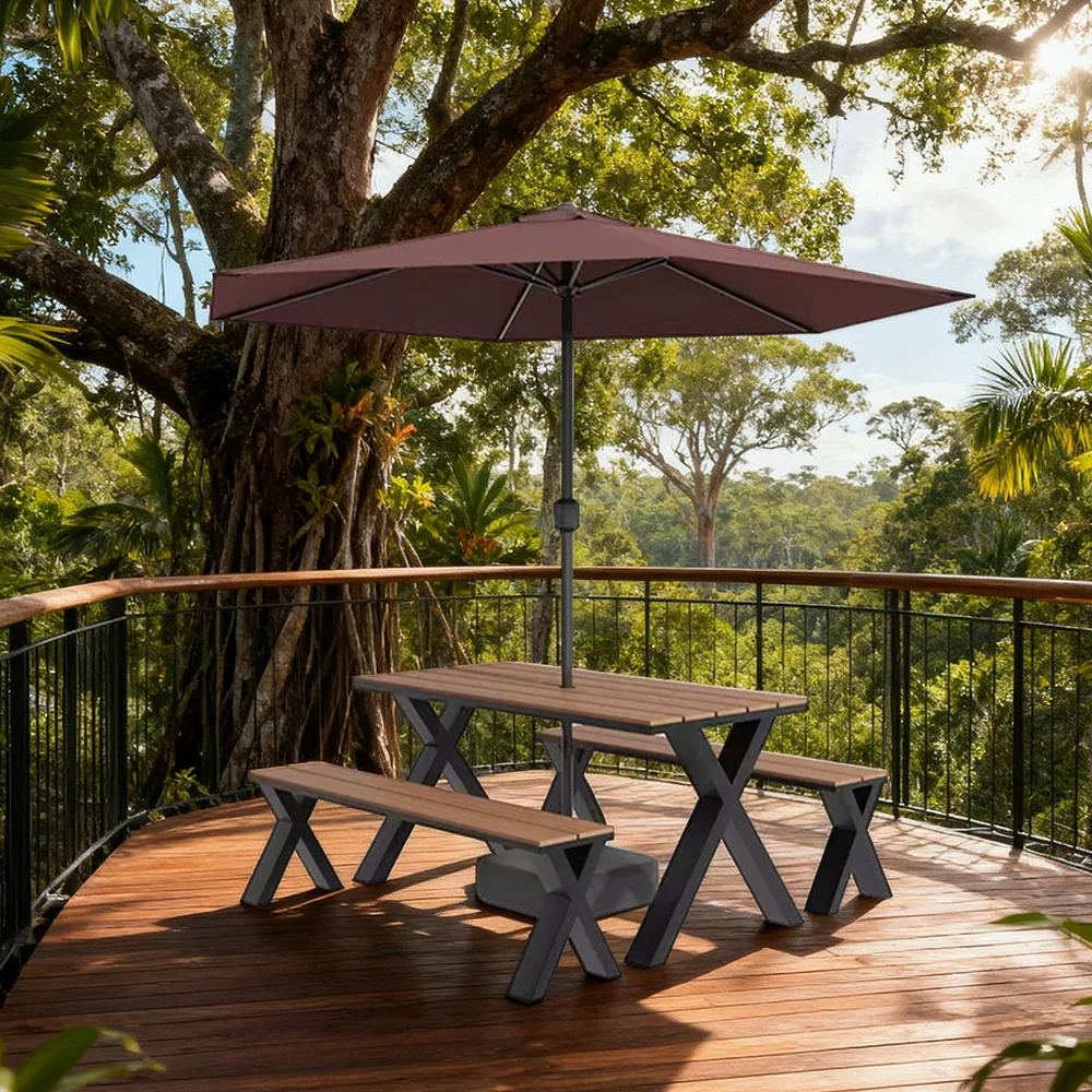 SOLARA Outdoor Table, Chair & Umbrella Set 120/160/200cm Sunproof Waterproof Surface High-Temp Coated Steel Frame Strong Support Anti-Corrosion Design - Black - Image 9