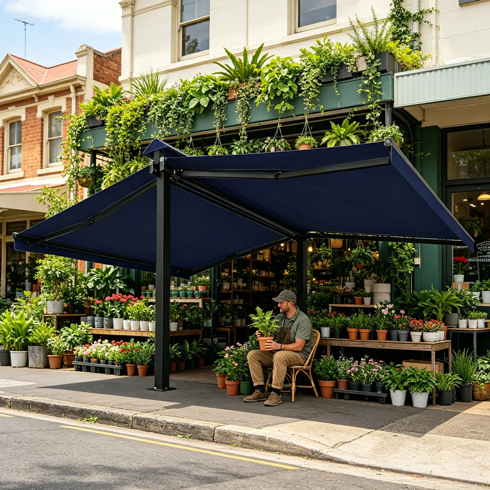 SOLARA Double Folding Awning Large Shade Waterproof Aluminium Frame 300/400/500cm Patio Cafe Backyard Use - Dark Blue - Image 2