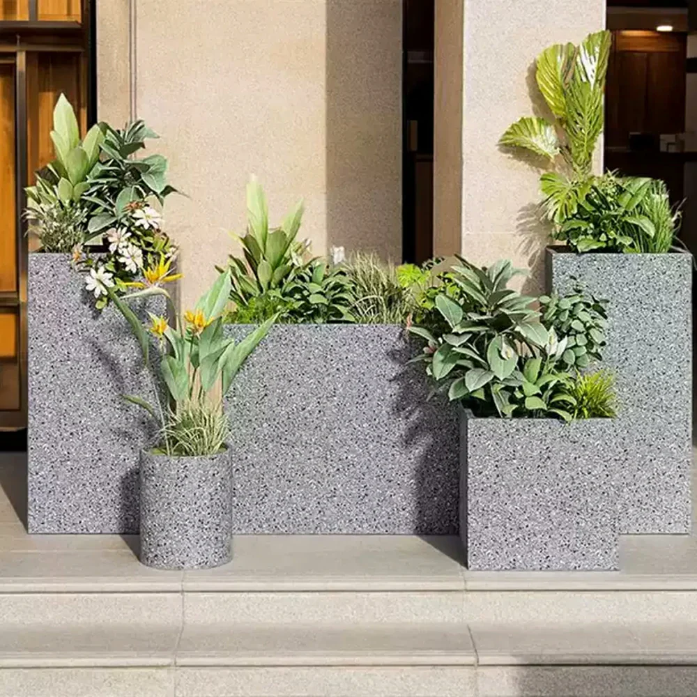 SOLARA Terrazzo Planter Box Galvanised Steel Weather Resistant 40cm Patio Cafe Garden Divider - Grey - Image 4