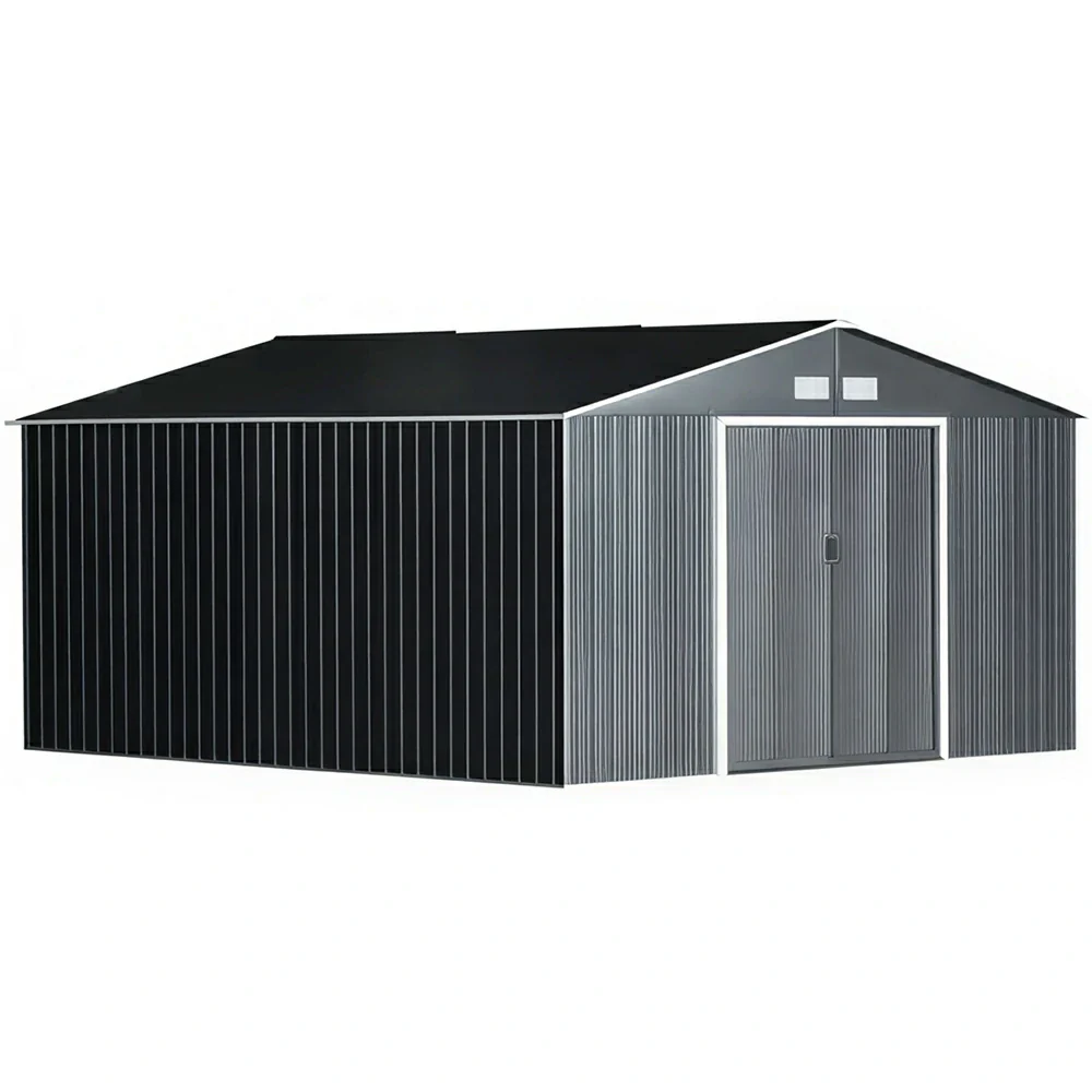 SOLARA Extra Large Outdoor Metal Storage Shed Heavy Duty Double Door Weatherproof Sloped Roof Garden Backyard Warehouse Storage - Black