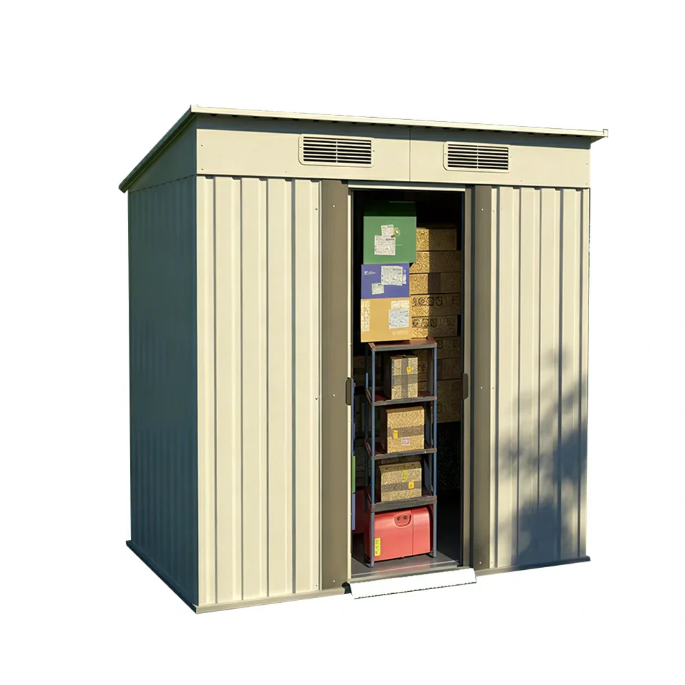 SOLARA Yard Storage Shed Sloped Roof High Strength Steel Sliding Door Secure for Tools Bicycles - White
